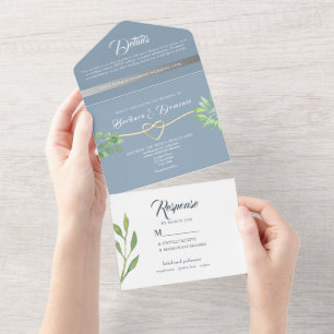 Invitación Todo En Uno Boda de Fotos de Verde Polvoriento Azul