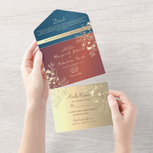 Invitación Todo En Uno Boda de Fotos Florales Dorado Verde Acuario