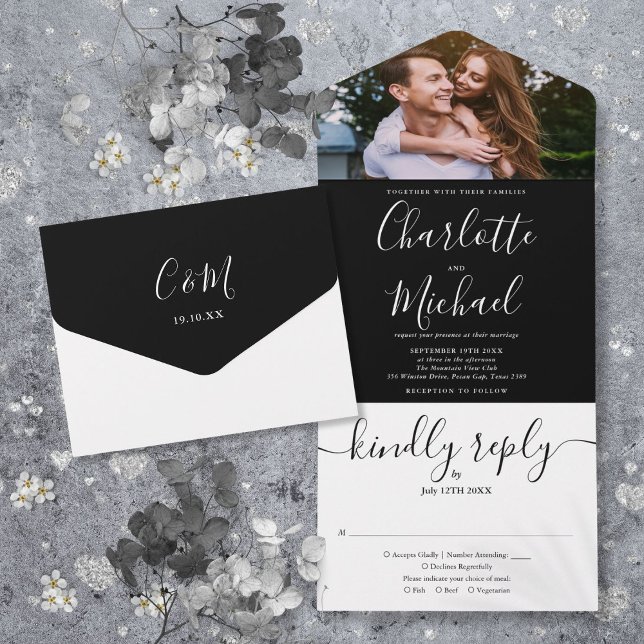 Invitación Todo En Uno Boda De Fotos Modernas En Blanco Y Negro (Modern Black And White Script Photo Wedding All In One Invitation)