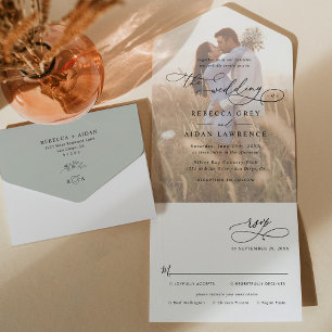 Invitación Todo En Uno Boda de fotos ruso Sage Green