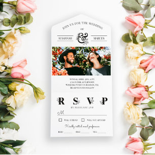 Invitación Todo En Uno Boda de fotos y Ampersand Black White Floral