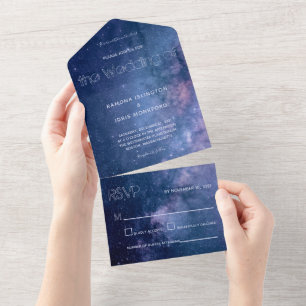 Invitación Todo En Uno Boda de galaxia azul oscuro y púrpura