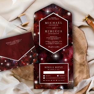 Invitación Todo En Uno Boda de galaxia roja marrón universal en el espaci