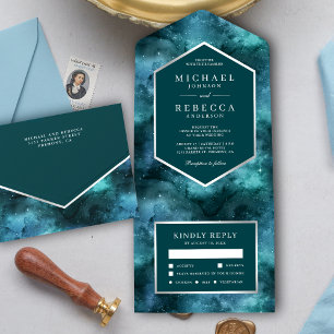 Invitación Todo En Uno Boda de galaxia Verde azulada universal en el espa