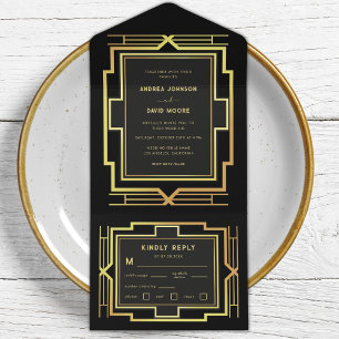 Invitación Todo En Uno Boda de Gatsby Frame Retro Art Deco Oro y Negro