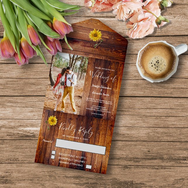 Invitación Todo En Uno Boda de girasol de madera rústica (Create your own rustic sunflower photo all in one wedding invitation.)