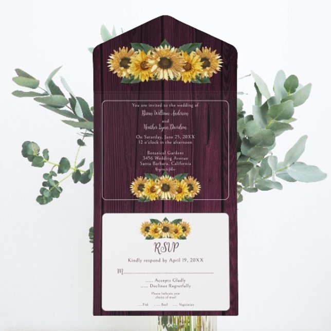 Invitación Todo En Uno Boda de girasol magnético ruso (Rustic Magenta Sunflower Wedding All in One Invitation)