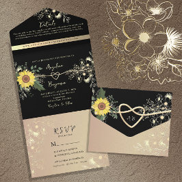 Invitación Todo En Uno Boda de girasol negro y oro