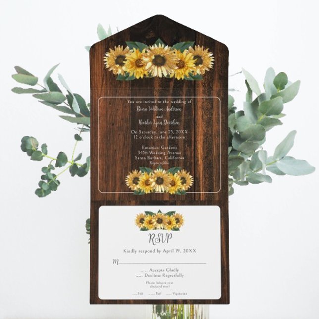 Invitación Todo En Uno Boda de girasol ruso (Rustic Sunflower Wedding All in One Invitation)