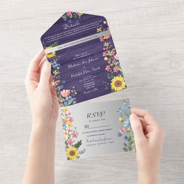 Invitación Todo En Uno Boda de girasol ruso morado (desgarro)