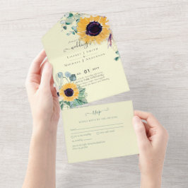 Invitación Todo En Uno Boda de girasoles de verano con eucalipto verde