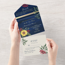 Invitación Todo En Uno Boda de girasoles rústicos de azul marino