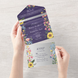 Invitación Todo En Uno Boda de Girasoles Rústicos Morados