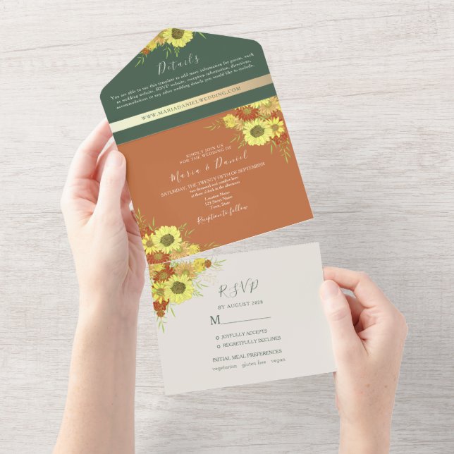 Invitación Todo En Uno Boda de girasoles rústicos verde esmeralda (desgarro)
