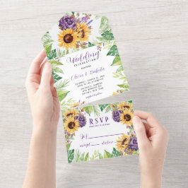 Invitación Todo En Uno Boda de girasoles verdes y flores moradas
