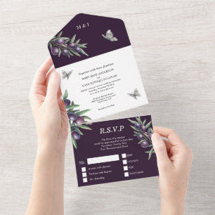 Invitación Todo En Uno Boda de glam glam de mariposa de oliva morada blan