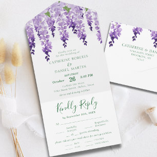 Invitación Todo En Uno Boda de glicina con acuarela de lavanda púrpura
