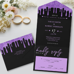 Invitación Todo En Uno Boda de goteo de Purpurina negro y morado