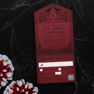 Invitación Todo En Uno Boda de Gótico Monograma Rojo Raven Negro