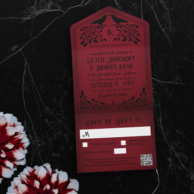 Invitación Todo En Uno Boda de Gótico Monograma Rojo Raven Negro (Subido por el creador)