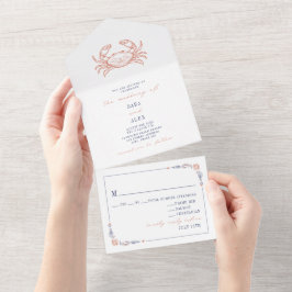 Invitación Todo En Uno Boda de granja RSVP de cangrejo rojo y azul