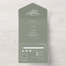 Invitación Todo En Uno Boda de granja Vintage Barn Sage Green QR RSVP