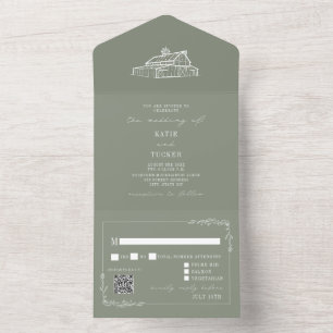 Invitación Todo En Uno Boda de granja Vintage Barn Sage Green QR RSVP