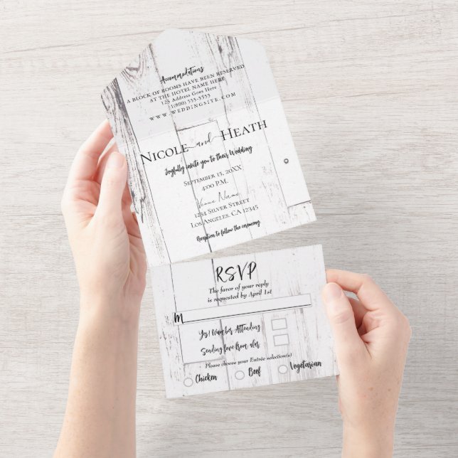 Invitación Todo En Uno Boda de granjas de madera en el bosque blanco (desgarro)