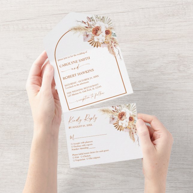 Invitación Todo En Uno Boda de Grasa Rust Boho & Pampas (desgarro)