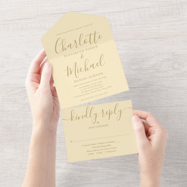 Invitación Todo En Uno Boda De Guión De Firma Amarillo Y Oro Buttercup (desgarro)