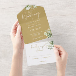 Invitación Todo En Uno Boda de guión de monograma floral de verde dorado