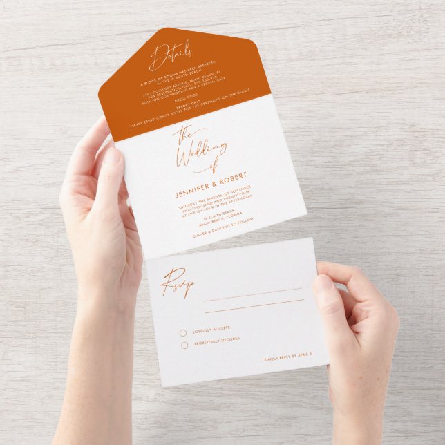 Invitación Todo En Uno Boda de guión de Naranja quemado moderno (desgarro)