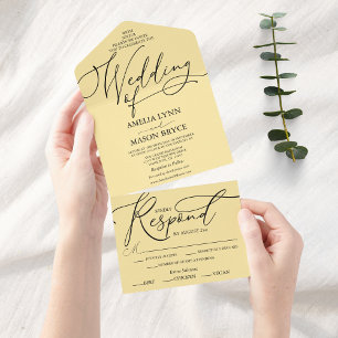 Invitación Todo En Uno Boda de guión elegante amarillo de mantequilla par