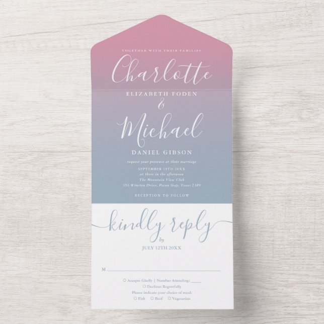 Invitación Todo En Uno Boda De Guión Elegante Rosa Y Azul Dusto (Interior)