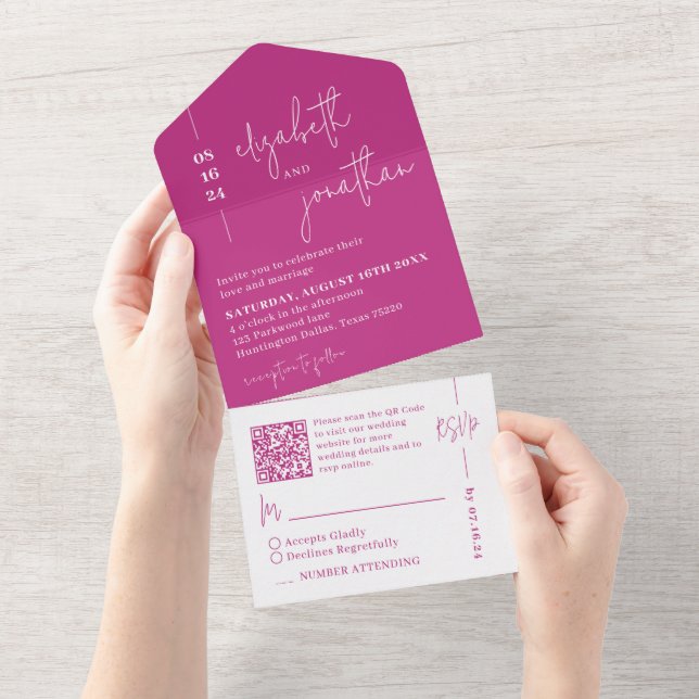 Invitación Todo En Uno Boda de guiones con clase Magenta QR Code (desgarro)