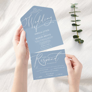 Invitación Todo En Uno Boda de guiones de caligrafía azul y blanca turbia