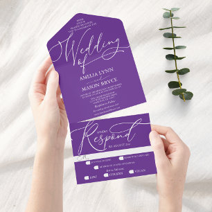Invitación Todo En Uno Boda de guiones de caligrafía púrpura y blanca