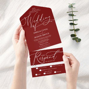 Invitación Todo En Uno Boda de guiones de caligrafía roja y blanca