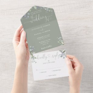 Invitación Todo En Uno Boda de guiones de corazones de verde salvia con v