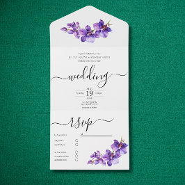 Invitación Todo En Uno Boda de guiones morado y blanco