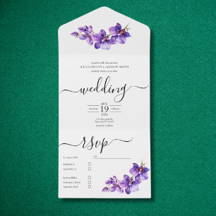 Invitación Todo En Uno Boda de guiones morado y blanco