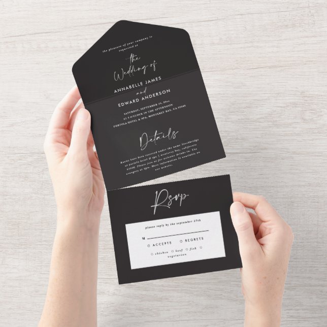 Invitación Todo En Uno boda de guiones simple y blanco (desgarro)
