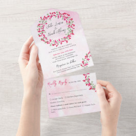 Invitación Todo En Uno Boda de guirnalda tropical boscosa rosa