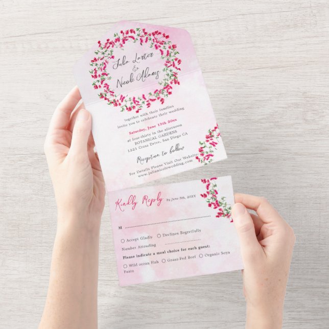Invitación Todo En Uno Boda de guirnalda tropical boscosa rosa (desgarro)