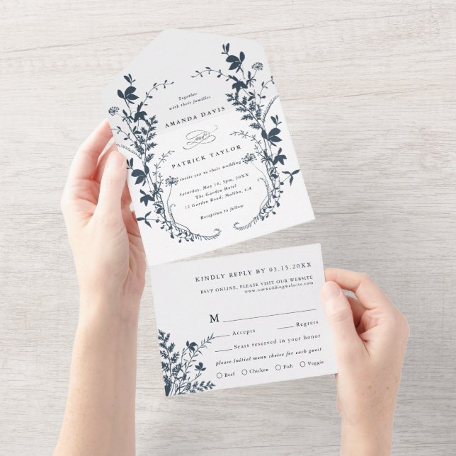 Invitación Todo En Uno Boda de guirnaldas de flor silvestre blanca y mari (desgarro)