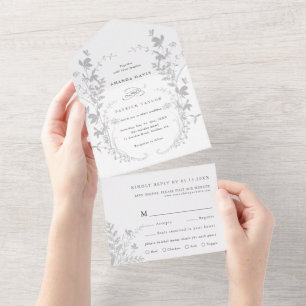Invitación Todo En Uno Boda de guirnaldas de flores silvestres grises y b