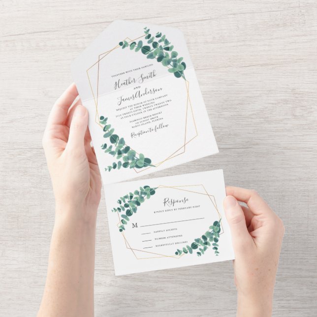 Invitación Todo En Uno Boda de guirnaldas geométricas de eucalipto (desgarro)