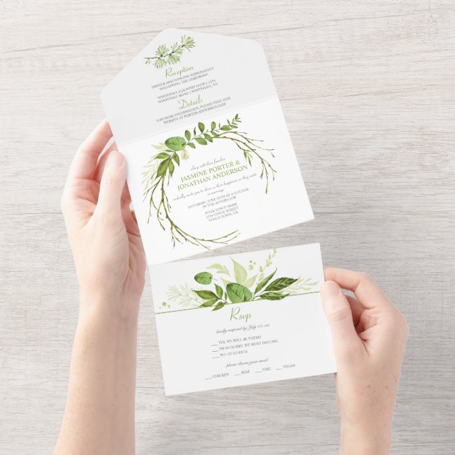 Invitación Todo En Uno Boda de guirnaldas rústicas botánicas de madera si (desgarro)