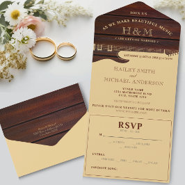 Invitación Todo En Uno Boda de Guitarra de Madera Roja y Tan Brown