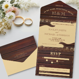 Invitación Todo En Uno Boda de Guitarra de Madera Roja y Tan Brown